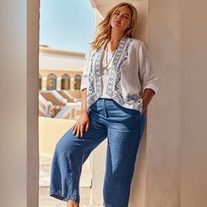 J. Jill Love Linen Wide Leg Crop Pants Blue Linen Size L Coastal Grandma Beachy